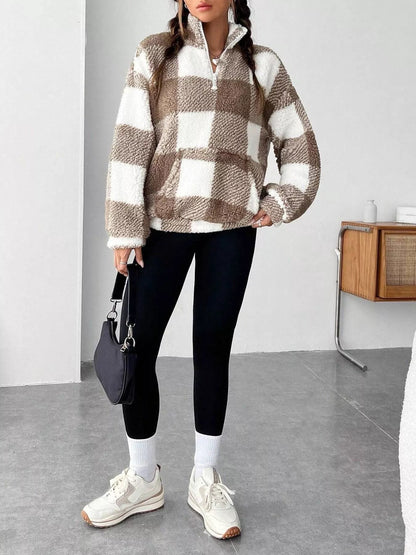 Full Size Plaid Sherpa Long Sleeve Sweatshirt Plus Size - Rochelle's House LLC