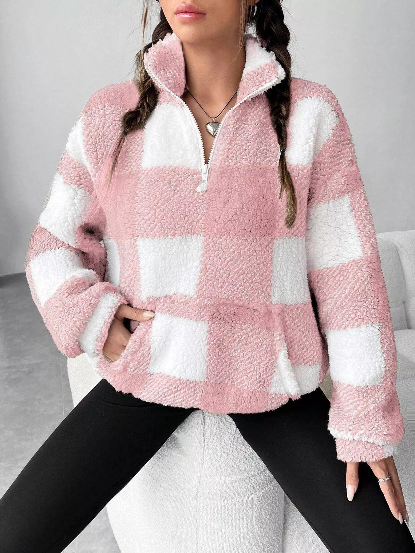 Full Size Plaid Sherpa Long Sleeve Sweatshirt Plus Size - Rochelle's House LLC