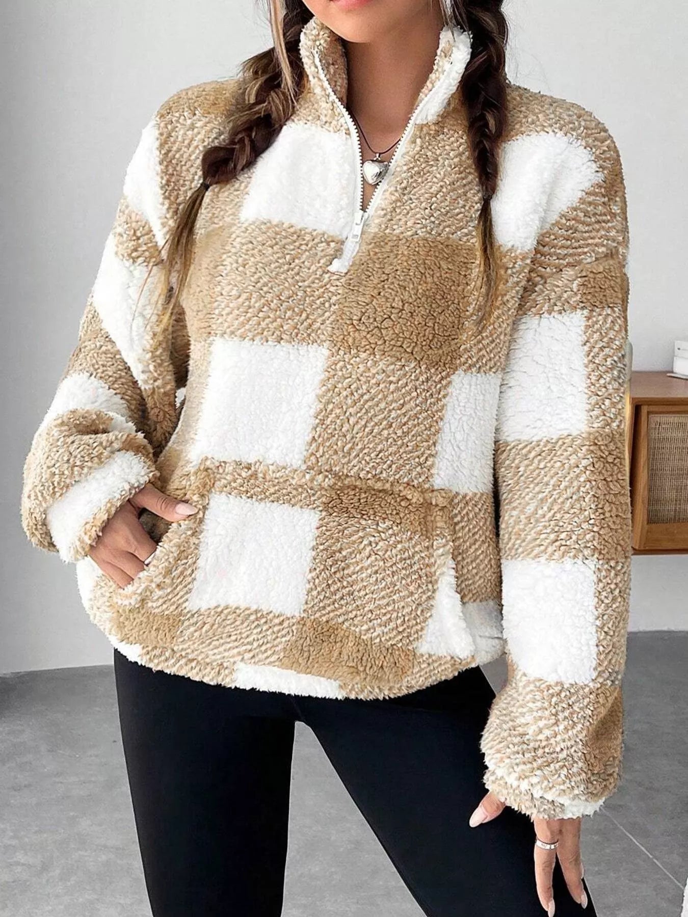 Full Size Plaid Sherpa Long Sleeve Sweatshirt Plus Size - Rochelle's House LLC