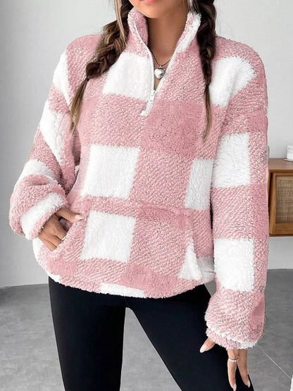Full Size Plaid Sherpa Long Sleeve Sweatshirt Plus Size - Rochelle's House LLC