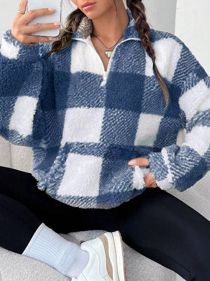 Full Size Plaid Sherpa Long Sleeve Sweatshirt Plus Size - Rochelle's House LLC
