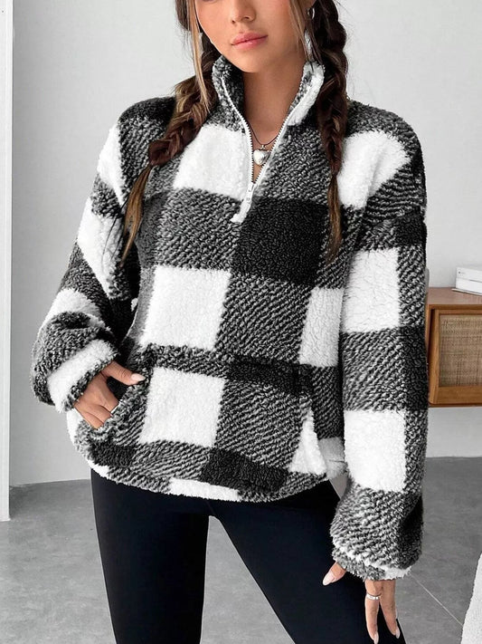 Full Size Plaid Sherpa Long Sleeve Sweatshirt Plus Size - Rochelle's House LLC