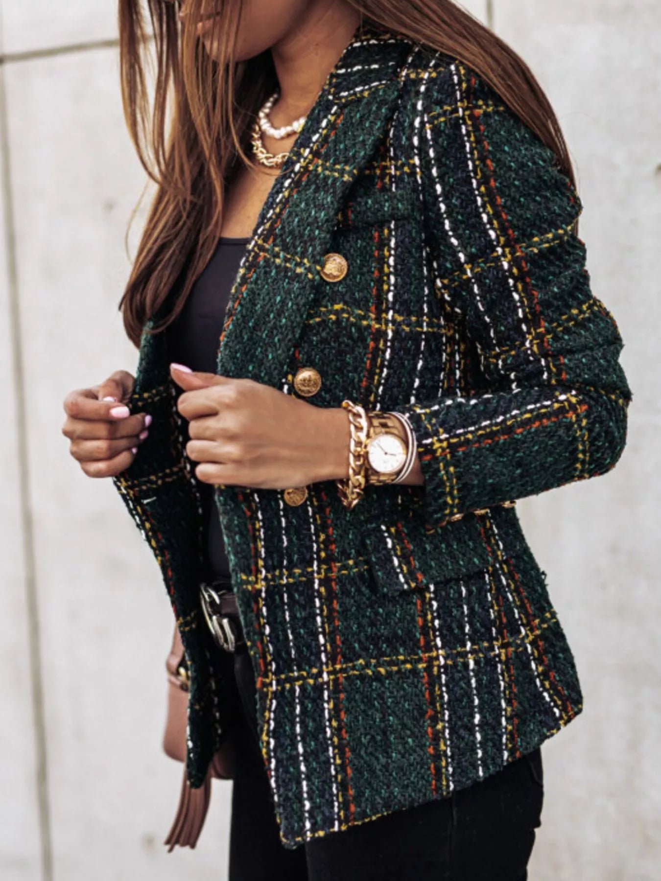Full Size Plaid Tweed Double - Breasted Blazer Plus Size - Rochelle's House LLC