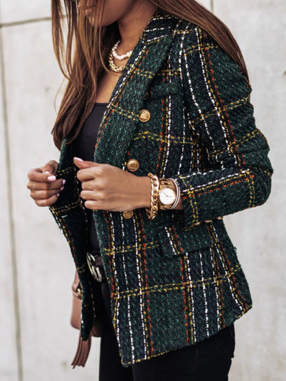 Full Size Plaid Tweed Double - Breasted Blazer Plus Size - Rochelle's House LLC