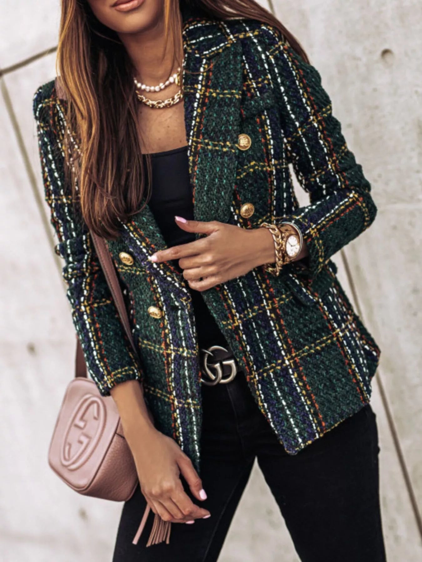 Full Size Plaid Tweed Double - Breasted Blazer Plus Size - Rochelle's House LLC