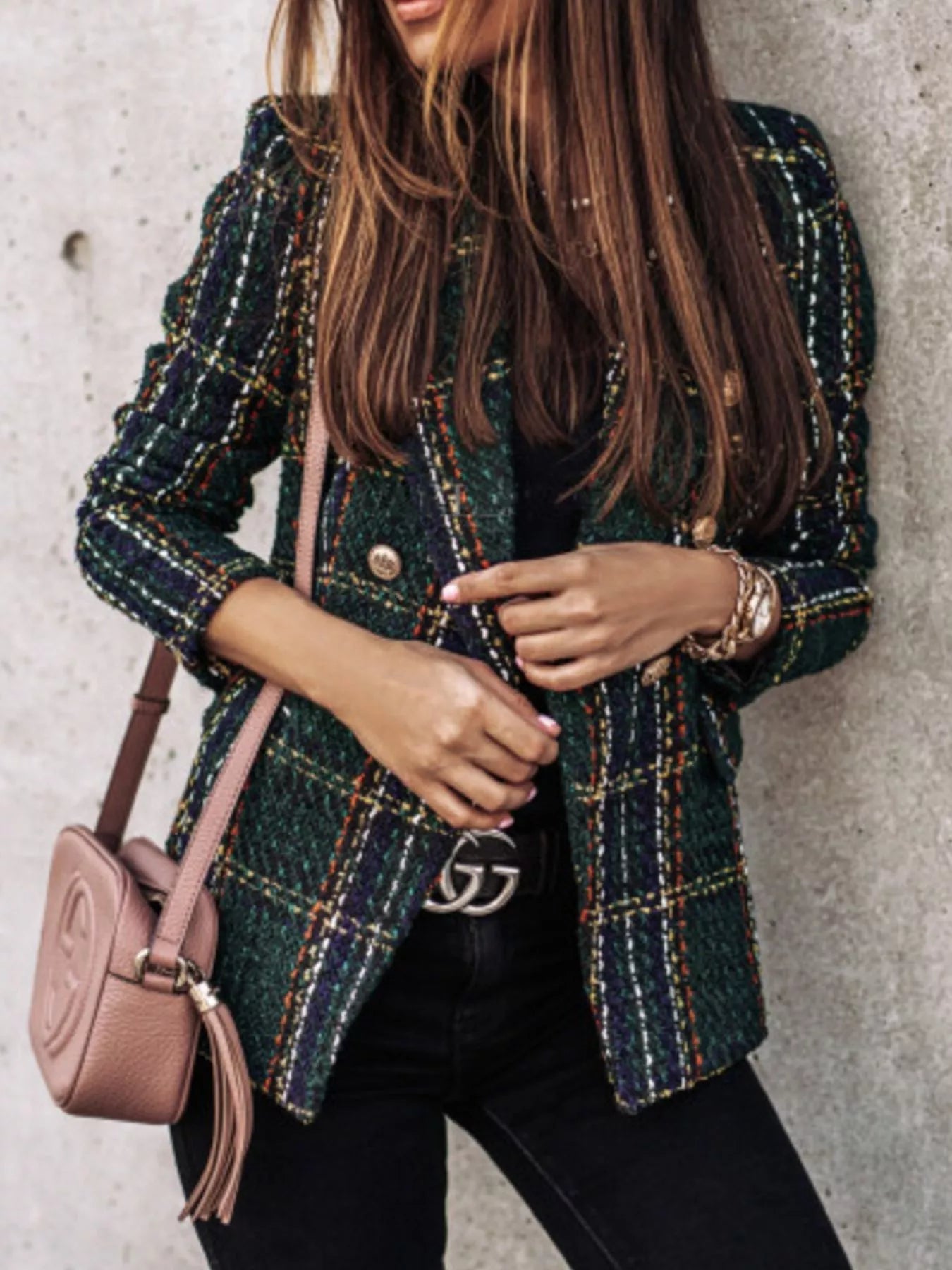 Full Size Plaid Tweed Double - Breasted Blazer Plus Size - Rochelle's House LLC