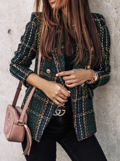 Full Size Plaid Tweed Double - Breasted Blazer Plus Size - Rochelle's House LLC