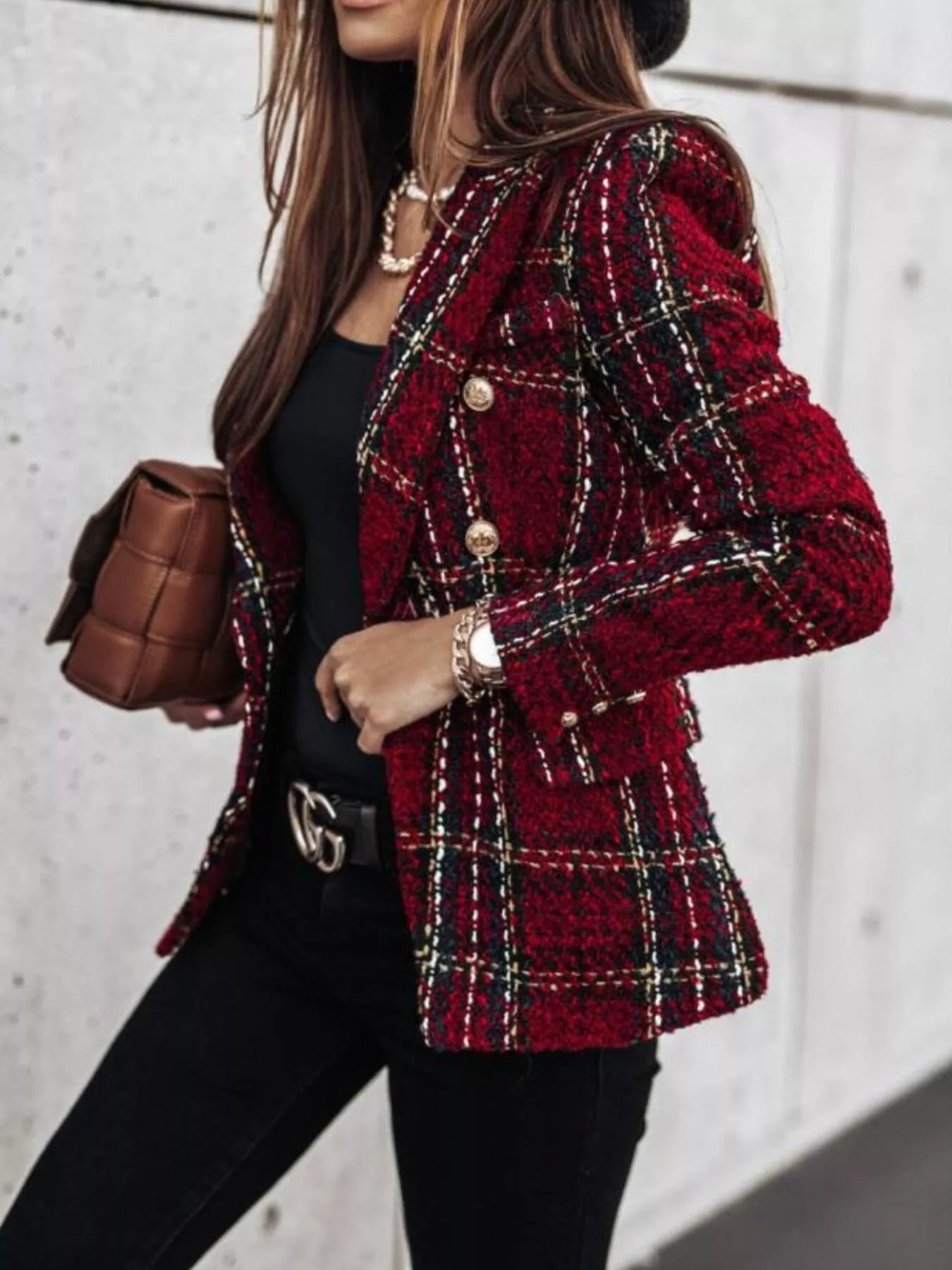 Full Size Plaid Tweed Double - Breasted Blazer Plus Size - Rochelle's House LLC