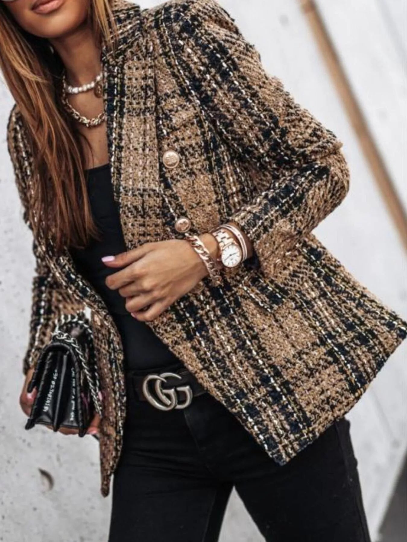 Full Size Plaid Tweed Double - Breasted Blazer Plus Size - Rochelle's House LLC