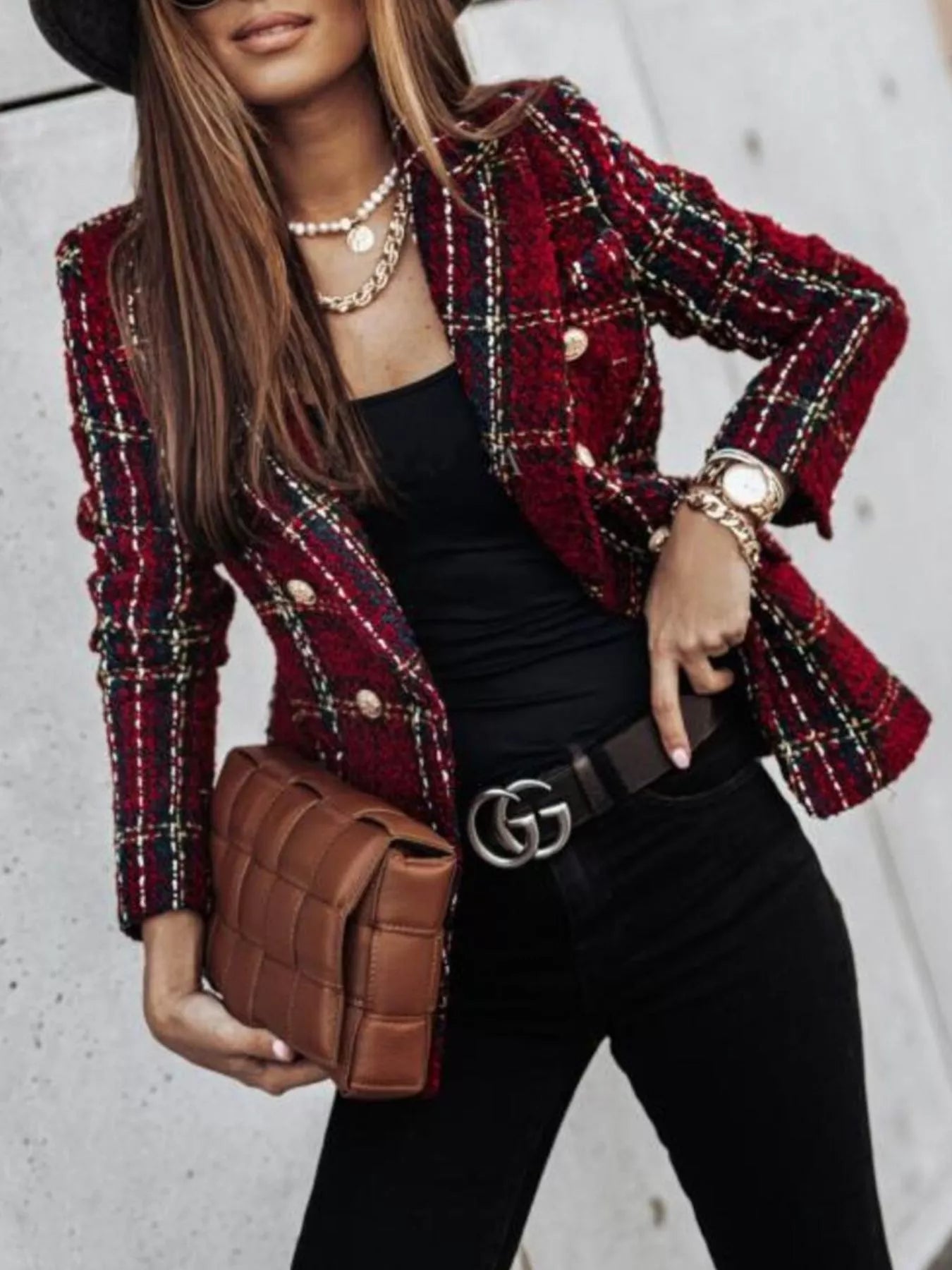 Full Size Plaid Tweed Double - Breasted Blazer Plus Size - Rochelle's House LLC