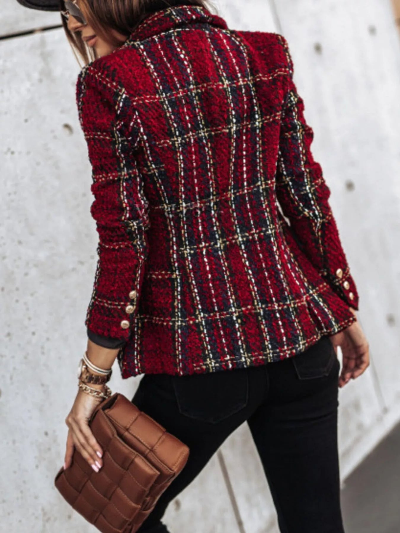 Full Size Plaid Tweed Double - Breasted Blazer Plus Size - Rochelle's House LLC
