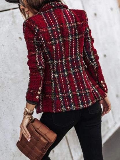 Full Size Plaid Tweed Double - Breasted Blazer Plus Size - Rochelle's House LLC