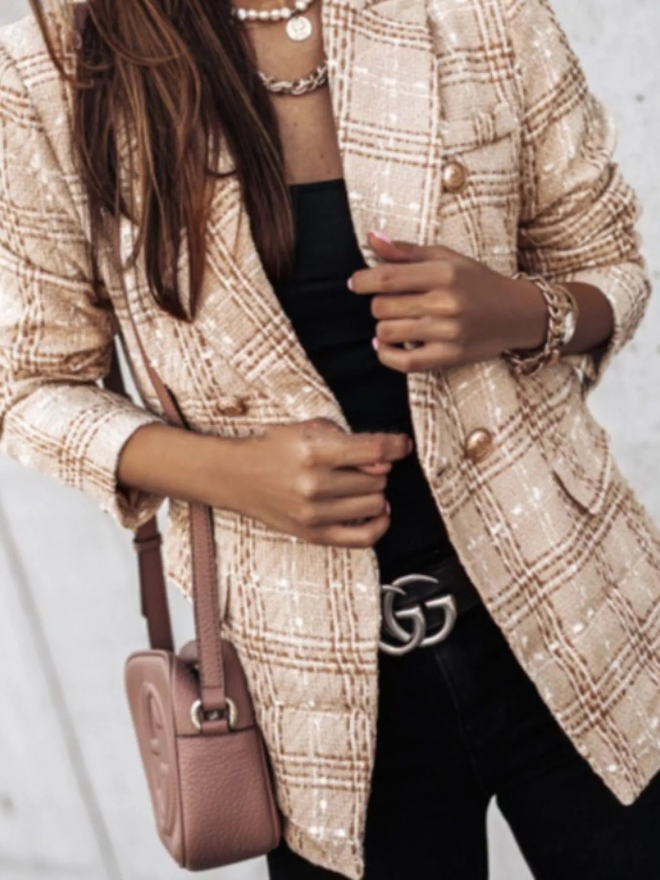 Full Size Plaid Tweed Double - Breasted Blazer Plus Size - Rochelle's House LLC