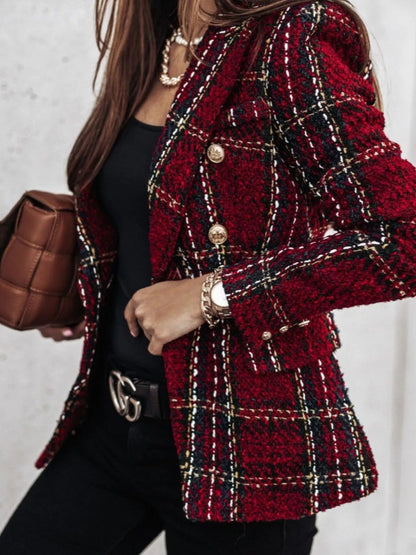 Full Size Plaid Tweed Double - Breasted Blazer Plus Size - Rochelle's House LLC