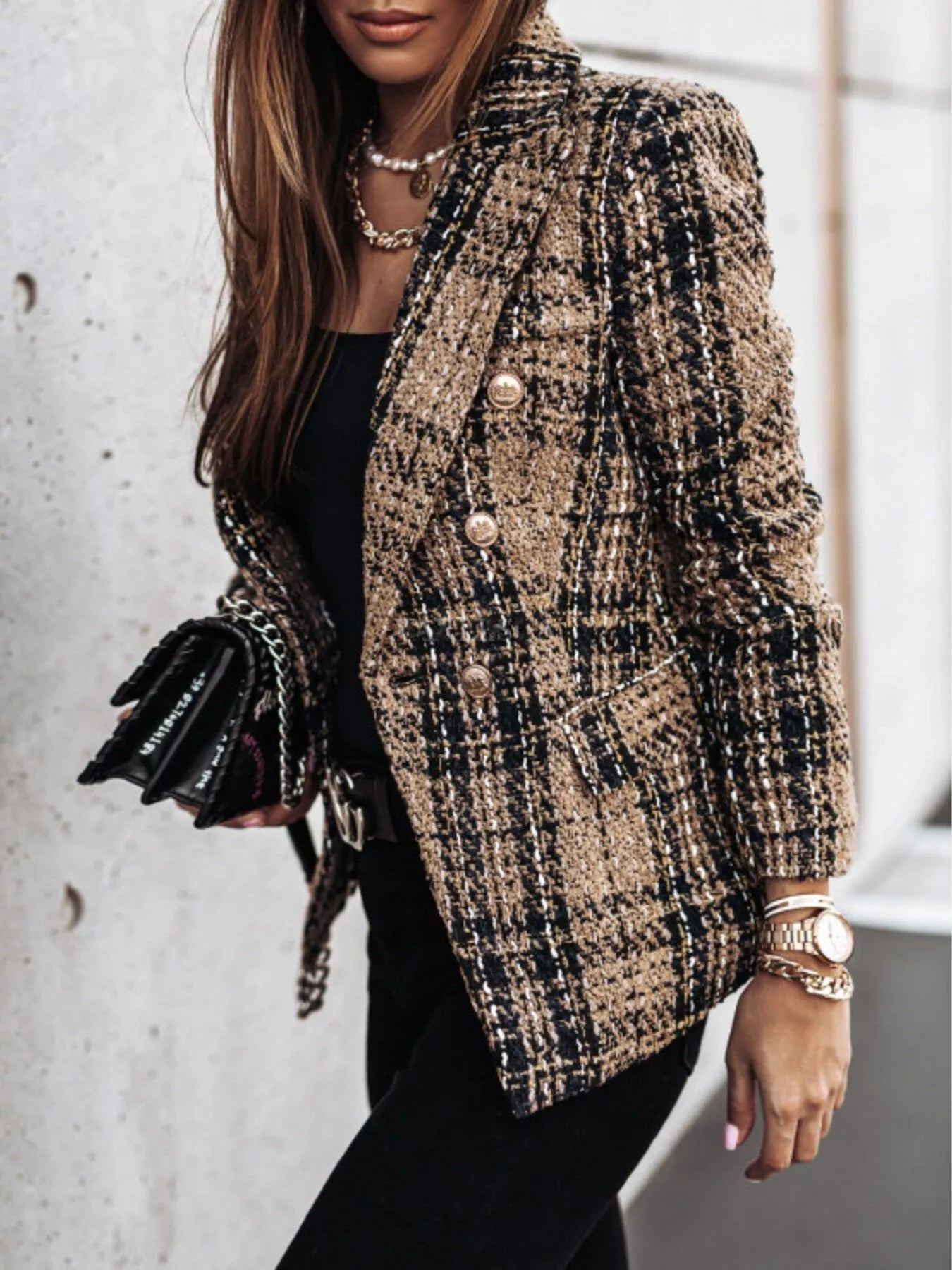 Full Size Plaid Tweed Double - Breasted Blazer Plus Size - Rochelle's House LLC