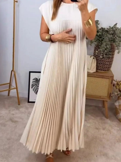 Front view of Full Size Pleated Round Neck Maxi Dress Plus Size in Cream showing neckline and sleeve details (100% polyester)