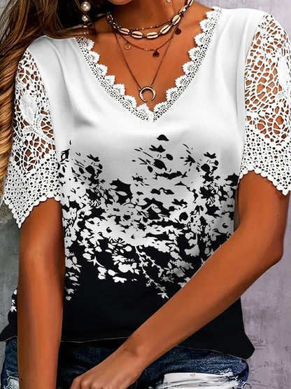 Full Size Printed Lace Sleeve V - Neck T-Shirt Plus Size - Rochelle's House LLC