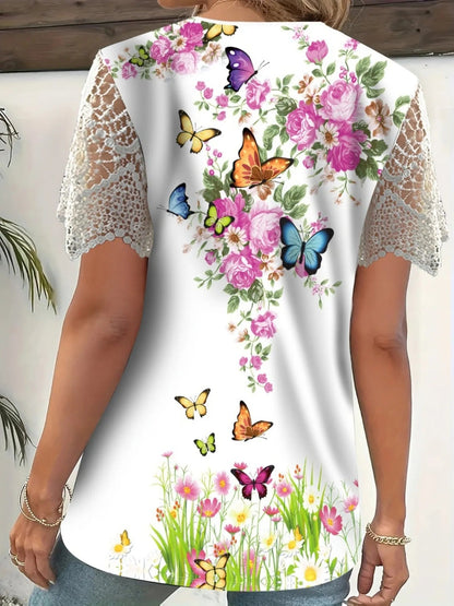 Full Size Printed Lace Sleeve V - Neck T-Shirt Plus Size - Rochelle's House LLC