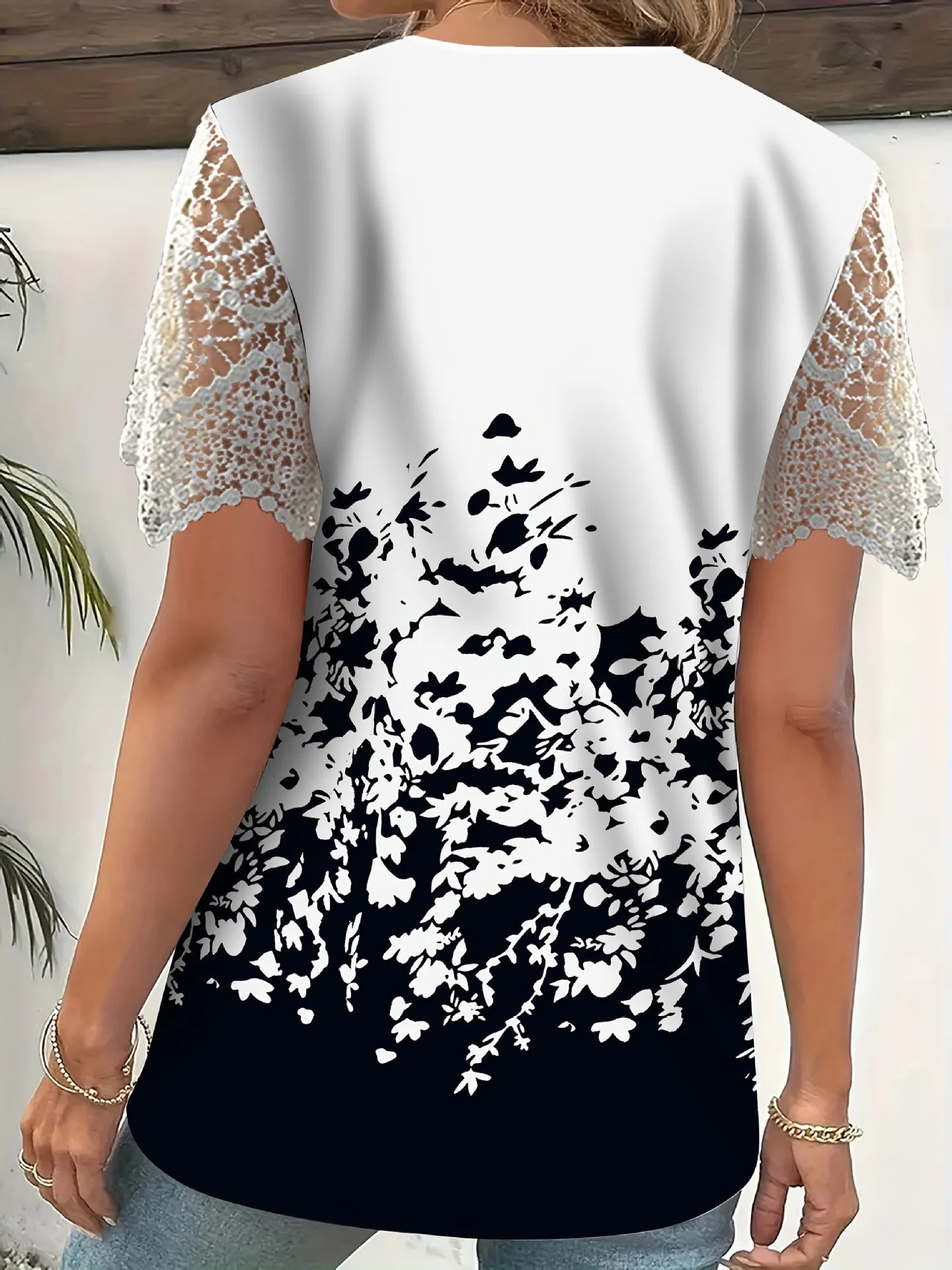 Full Size Printed Lace Sleeve V - Neck T-Shirt Plus Size - Rochelle's House LLC