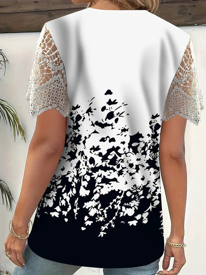 Full Size Printed Lace Sleeve V - Neck T-Shirt Plus Size - Rochelle's House LLC