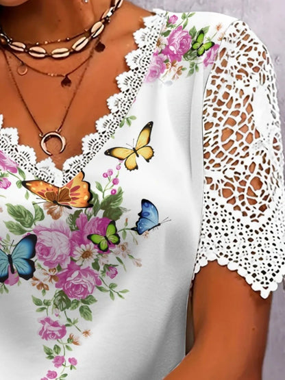 Full Size Printed Lace Sleeve V - Neck T-Shirt Plus Size - Rochelle's House LLC