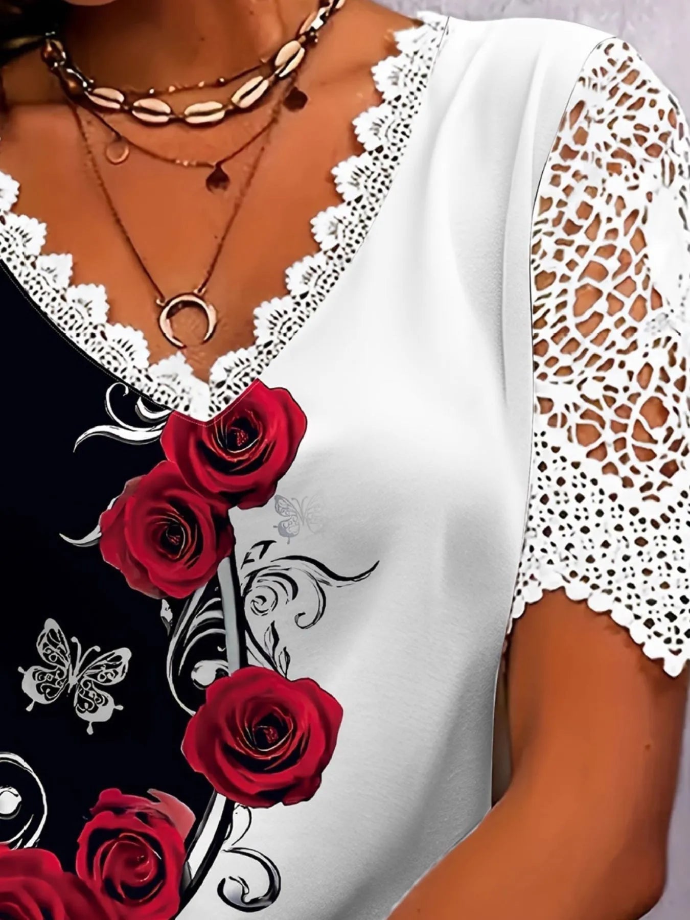 Full Size Printed Lace Sleeve V - Neck T-Shirt Plus Size - Rochelle's House LLC