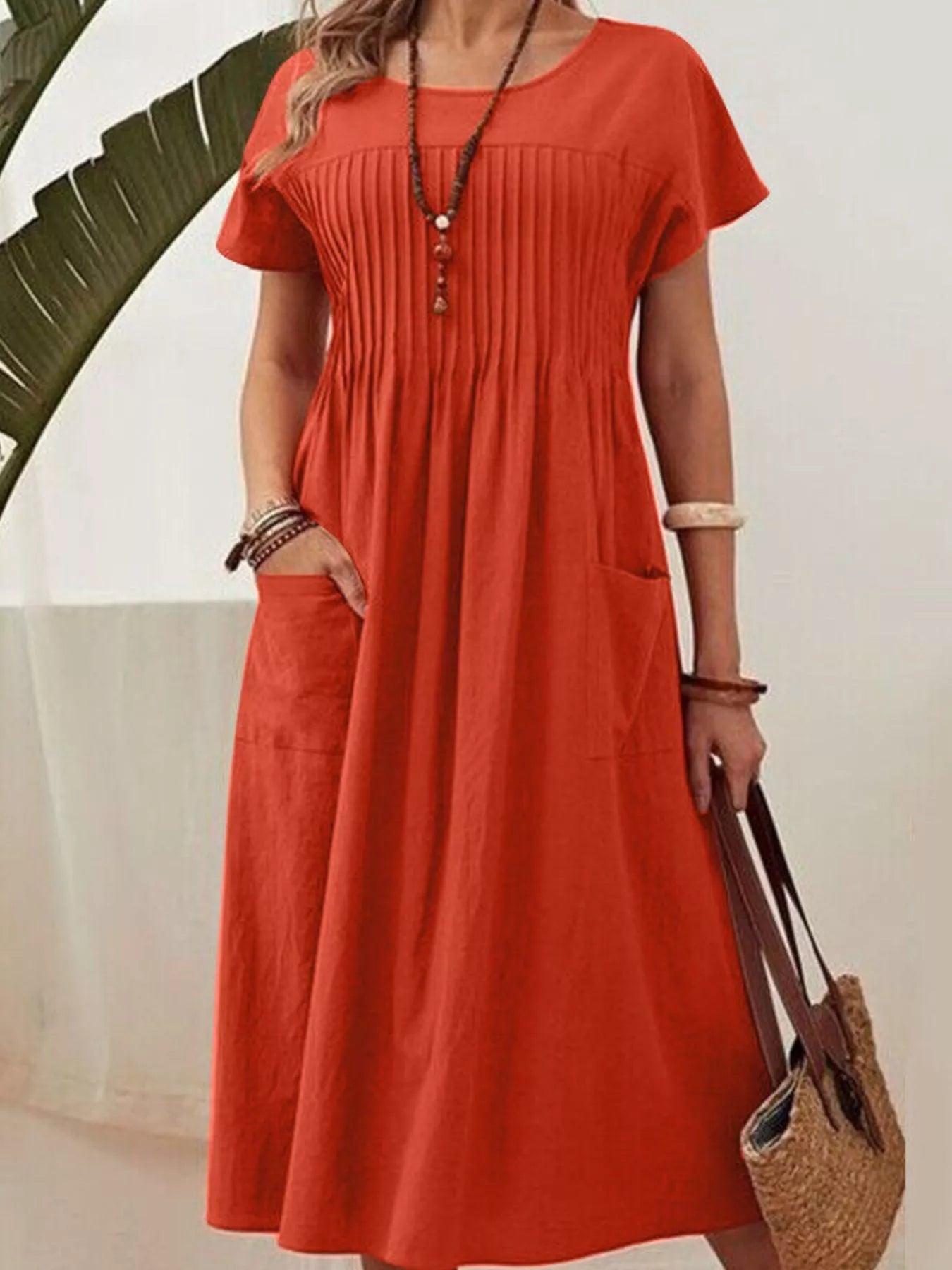 Full Size Round Neck Short Sleeve Midi Dress Plus Size - Rochelle's House LLC