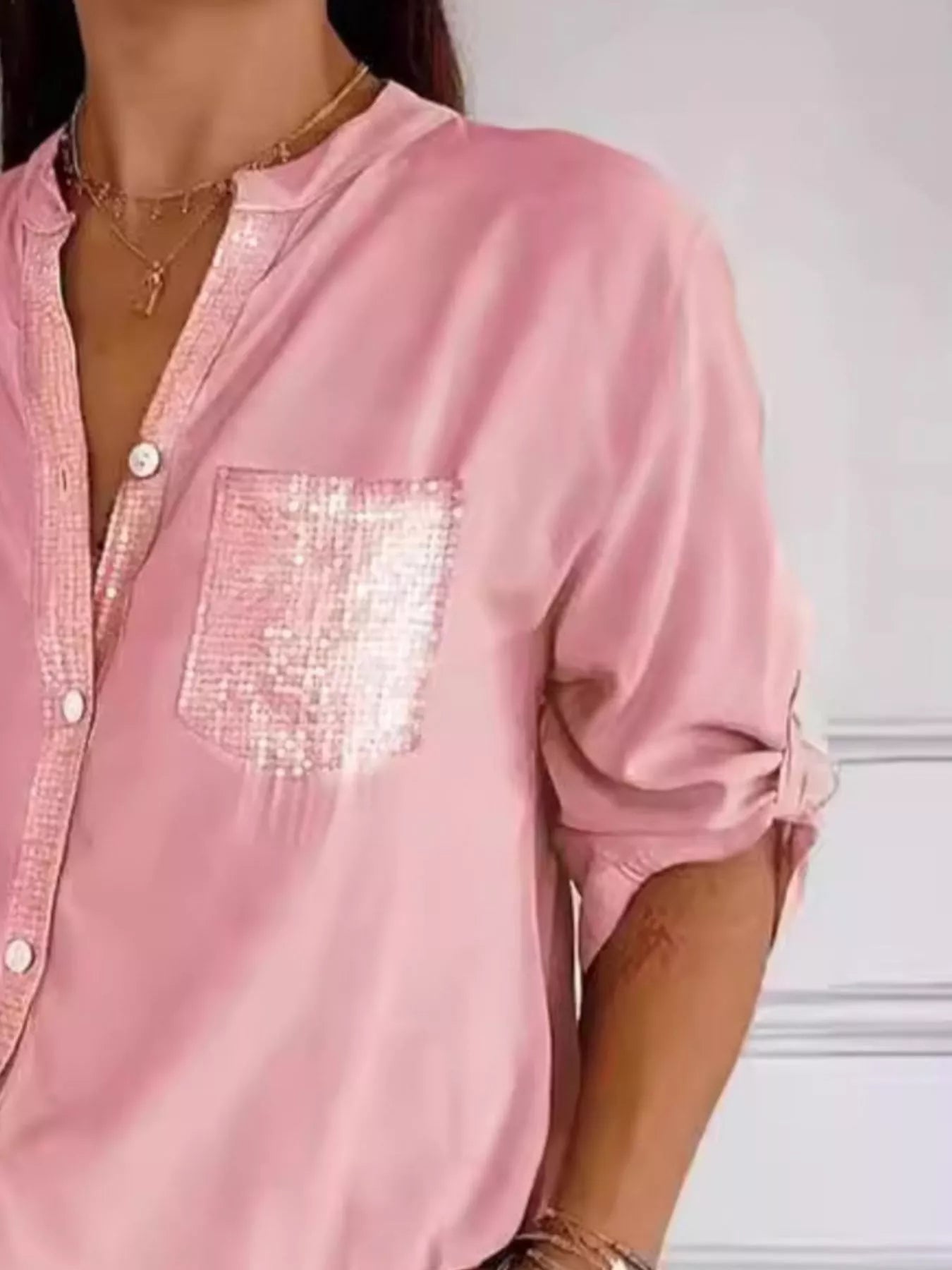 Full Size Sequin Detail Button - Down Shirt Plus Size - Rochelle's House LLC