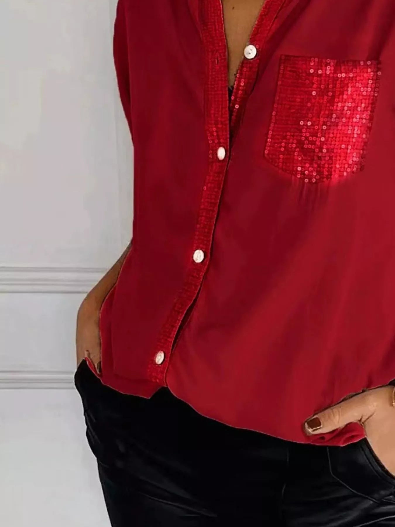 Full Size Sequin Detail Button - Down Shirt Plus Size - Rochelle's House LLC