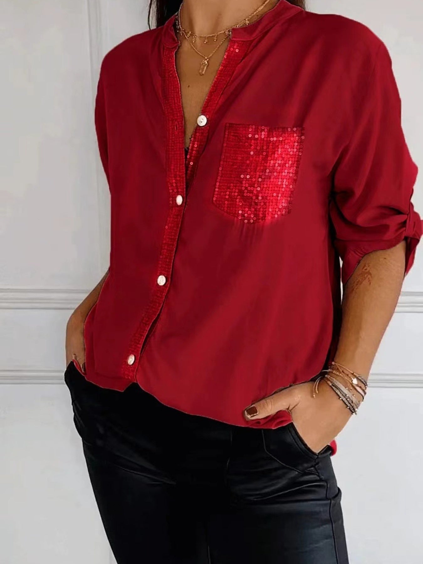 Full Size Sequin Detail Button - Down Shirt Plus Size - Rochelle's House LLC