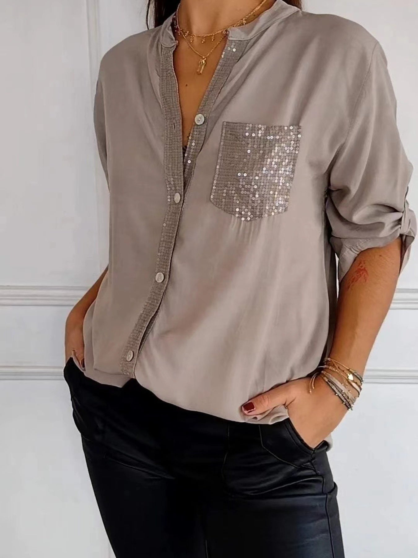 Full Size Sequin Detail Button - Down Shirt Plus Size - Rochelle's House LLC