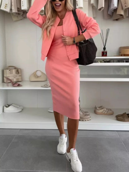 Front view of Full Size Slit Square Neck Dress and Outerwear Set Plus Size in Pink showing neckline and sleeve details