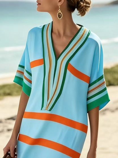 Full Size Striped Half Sleeve Midi Dress Plus Size - Rochelle's House LLC