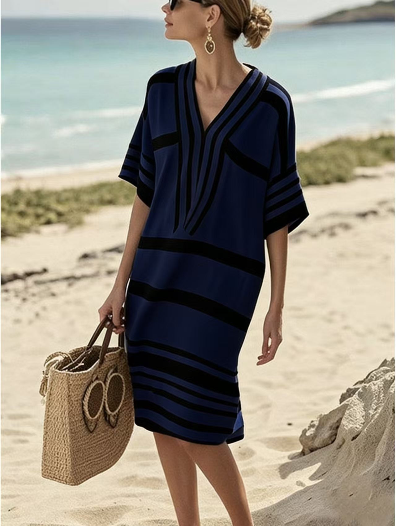 Full Size Striped Half Sleeve Midi Dress Plus Size - Rochelle's House LLC