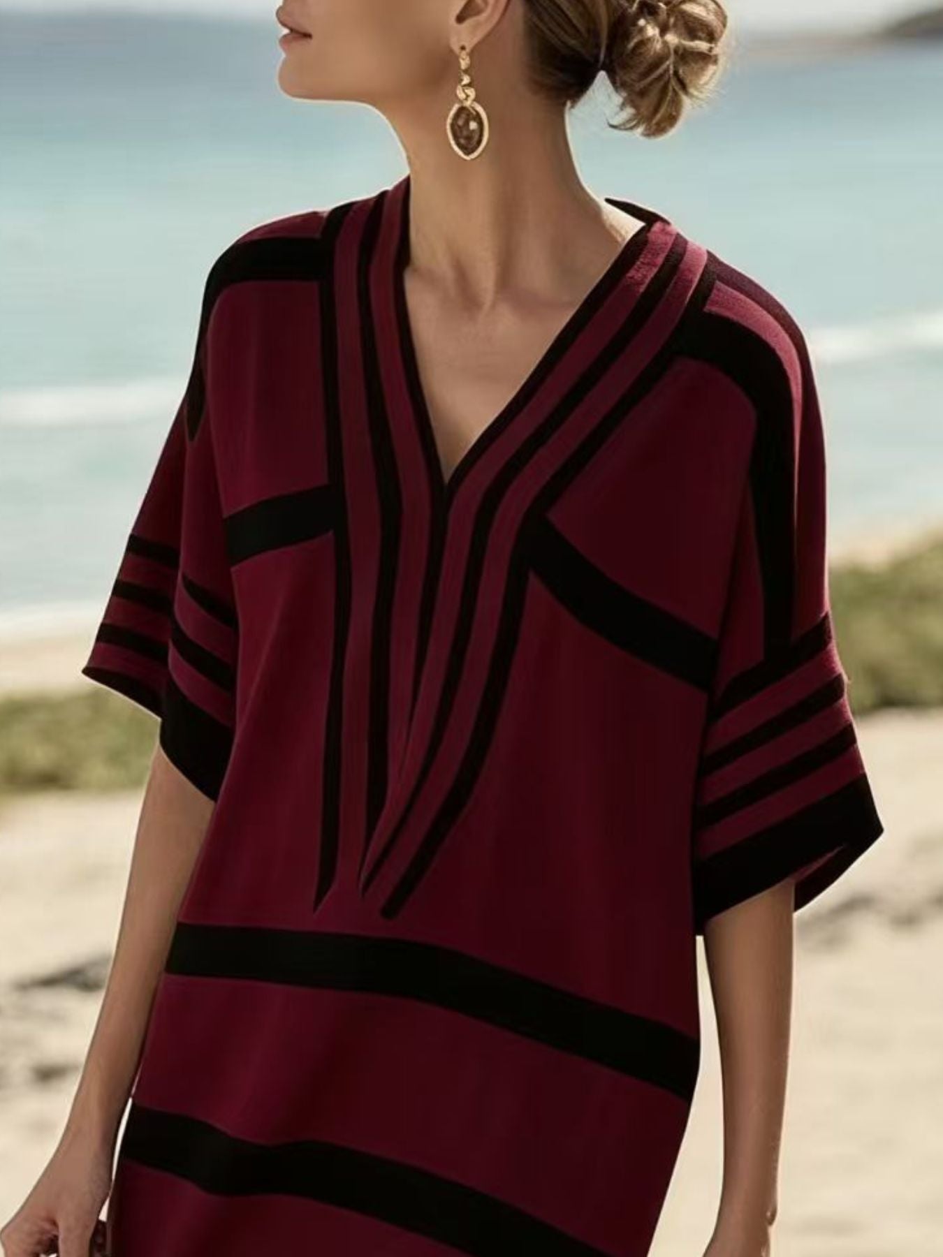 Full Size Striped Half Sleeve Midi Dress Plus Size - Rochelle's House LLC