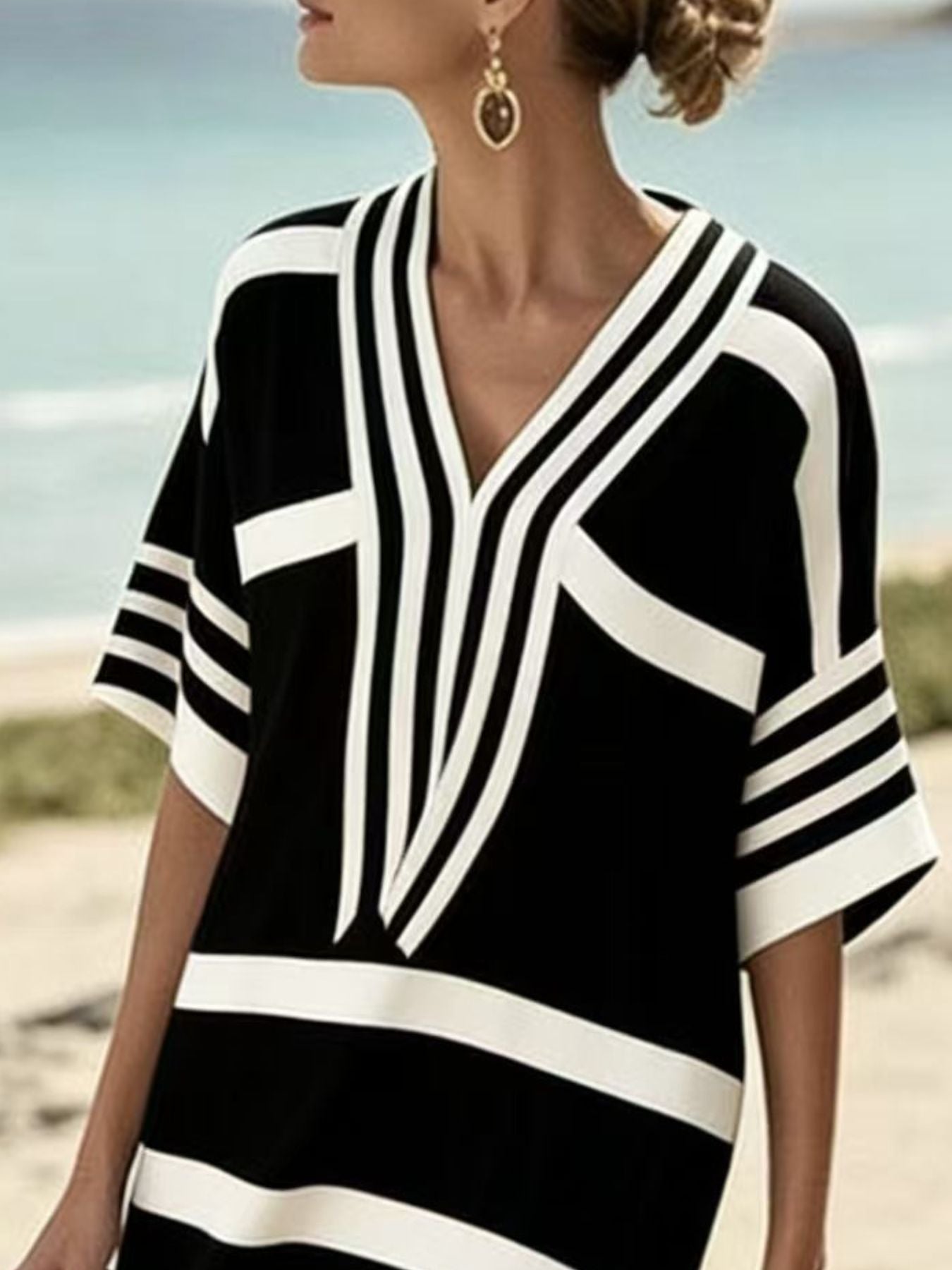 Full Size Striped Half Sleeve Midi Dress Plus Size - Rochelle's House LLC