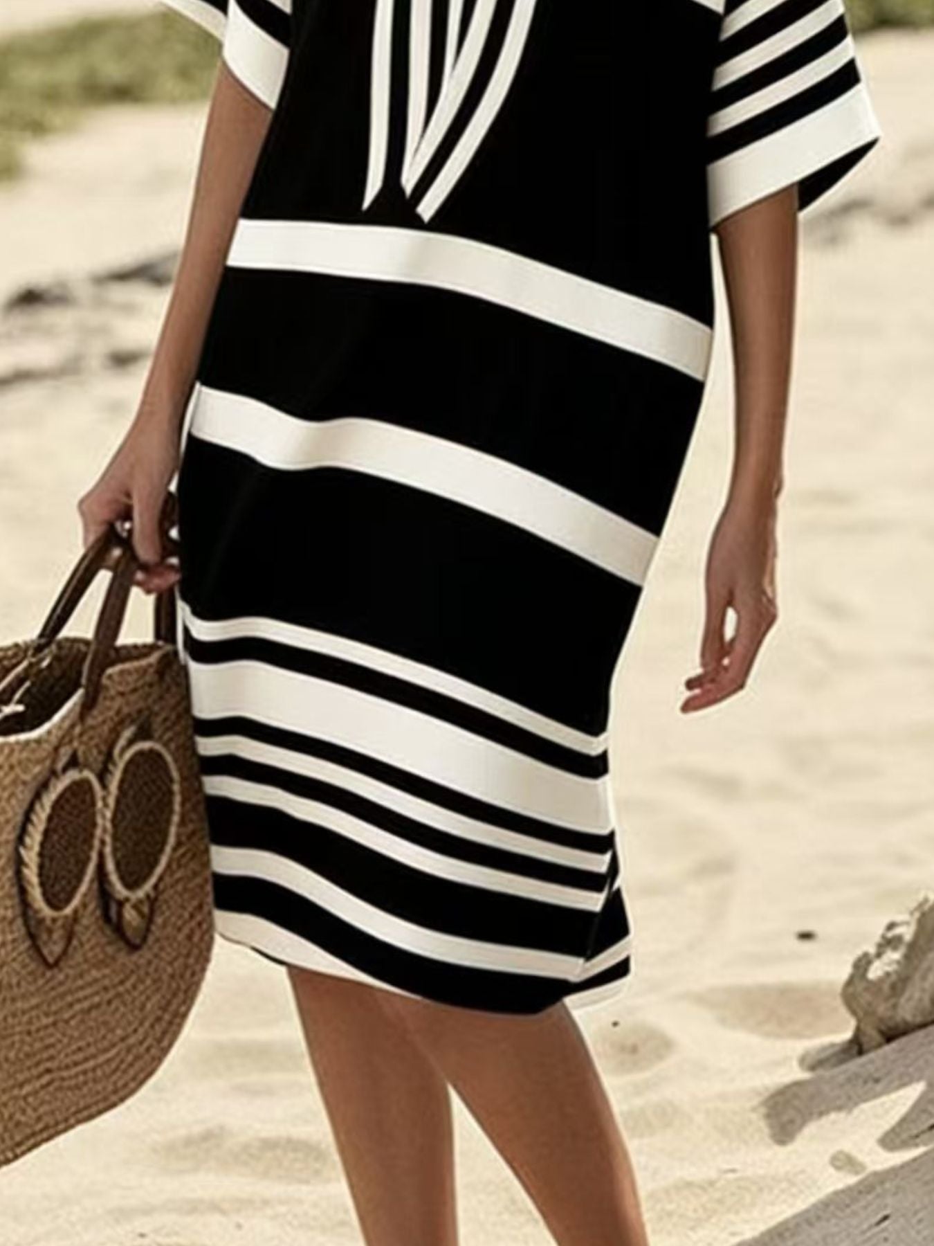 Full Size Striped Half Sleeve Midi Dress Plus Size - Rochelle's House LLC