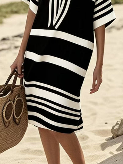 Full Size Striped Half Sleeve Midi Dress Plus Size - Rochelle's House LLC
