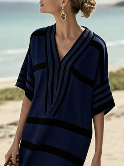 Full Size Striped Half Sleeve Midi Dress Plus Size - Rochelle's House LLC