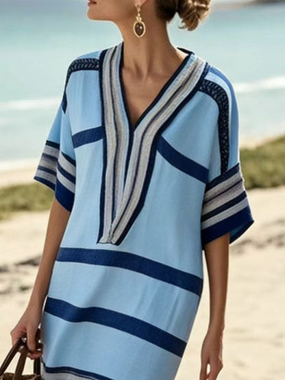 Full Size Striped Half Sleeve Midi Dress Plus Size - Rochelle's House LLC