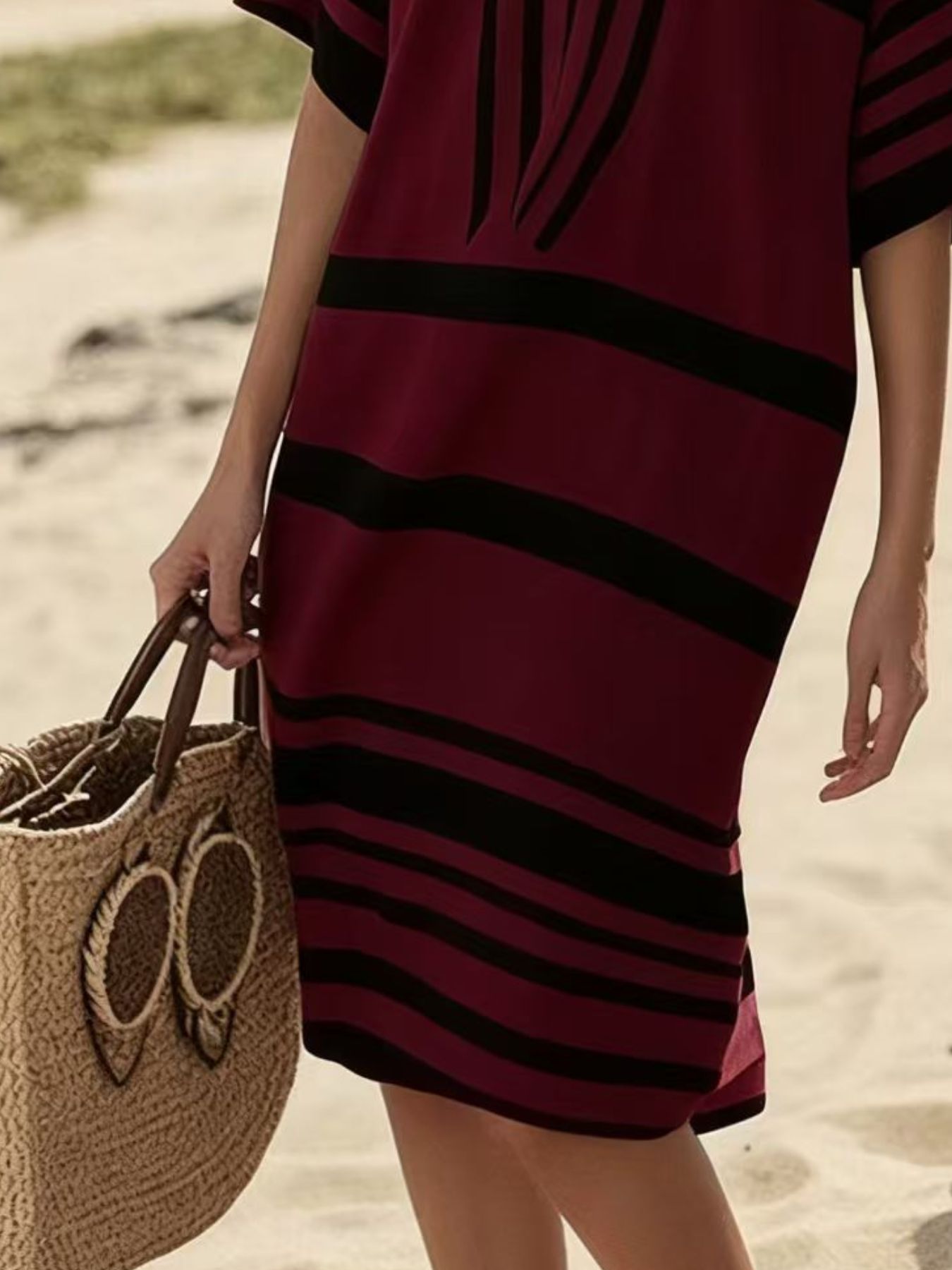 Full Size Striped Half Sleeve Midi Dress Plus Size - Rochelle's House LLC