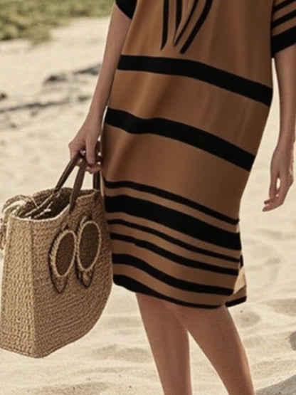 Full Size Striped Half Sleeve Midi Dress Plus Size - Rochelle's House LLC