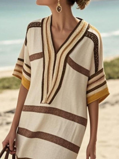 Full Size Striped Half Sleeve Midi Dress Plus Size - Rochelle's House LLC