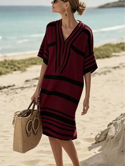 Full Size Striped Half Sleeve Midi Dress Plus Size - Rochelle's House LLC