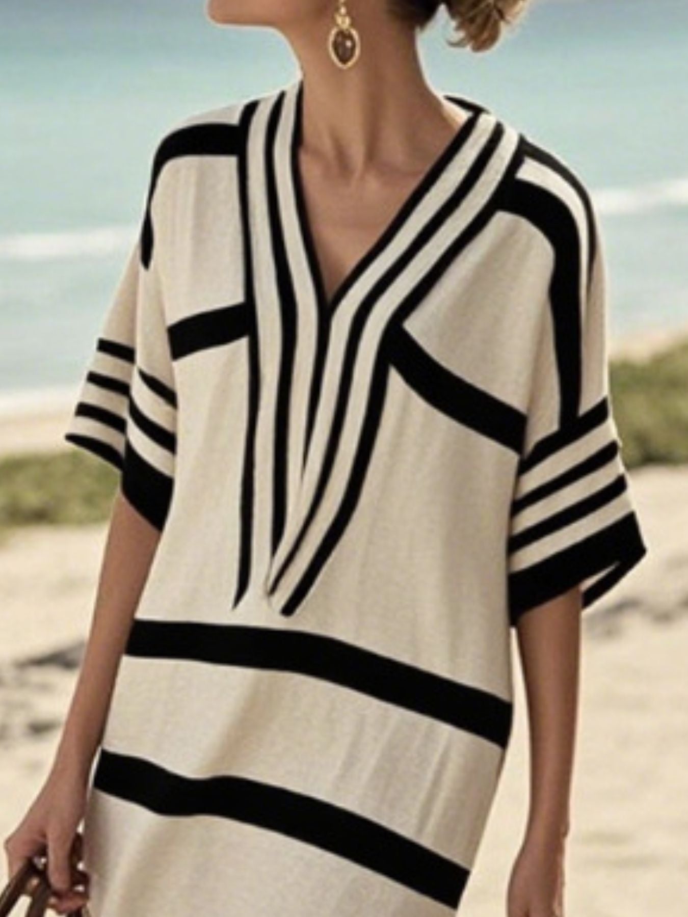 Full Size Striped Half Sleeve Midi Dress Plus Size - Rochelle's House LLC