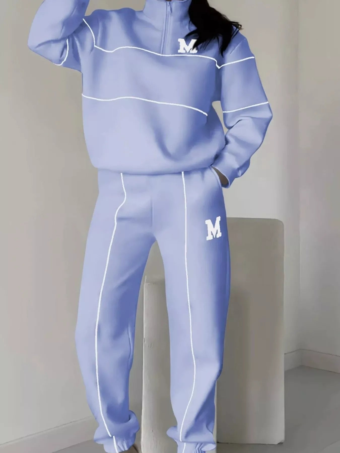 Full Size Striped Quarter Zip Top and Pants Set Plus Size - Rochelle's House LLC