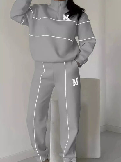 Full Size Striped Quarter Zip Top and Pants Set Plus Size - Rochelle's House LLC