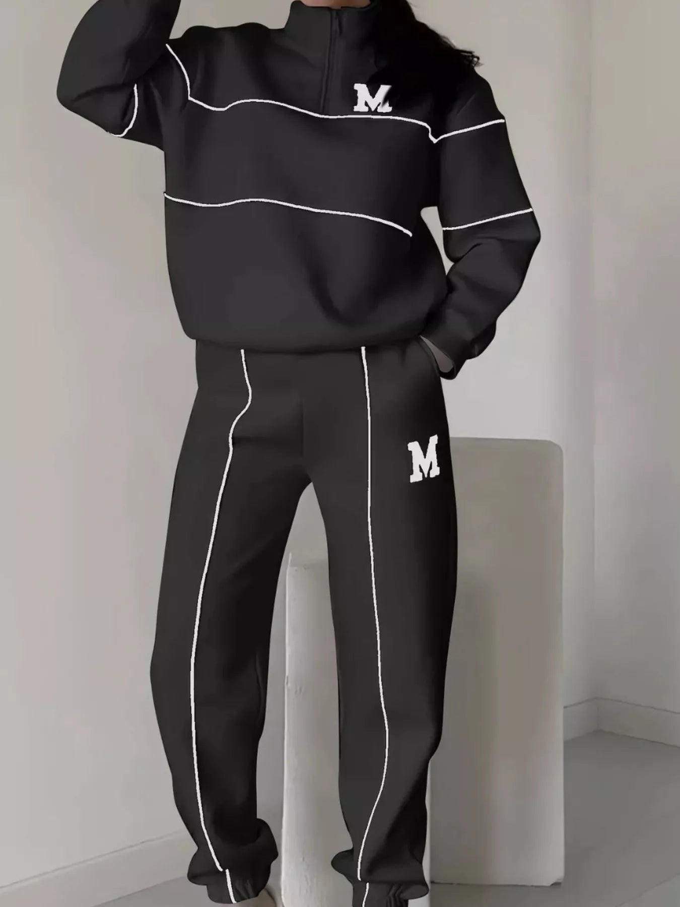 Full Size Striped Quarter Zip Top and Pants Set Plus Size - Rochelle's House LLC