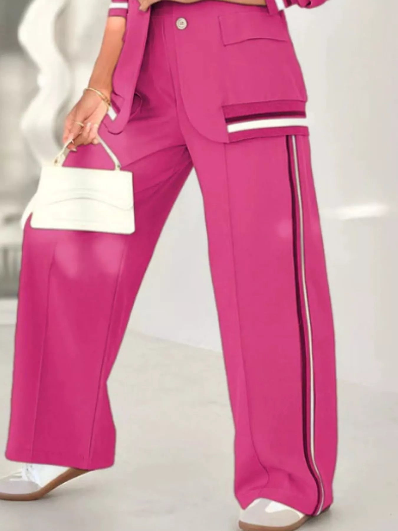 Full Size Striped Trim Button Down Jacket and Pants Set Plus Size - Rochelle's House LLC