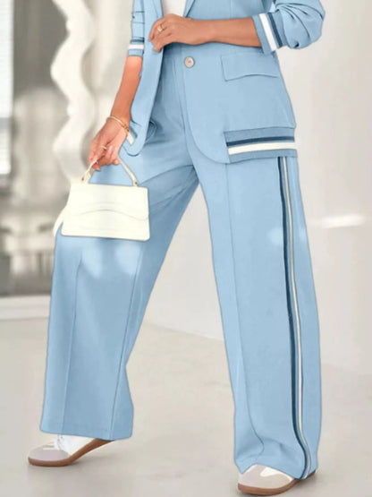 Full Size Striped Trim Button Down Jacket and Pants Set Plus Size - Rochelle's House LLC